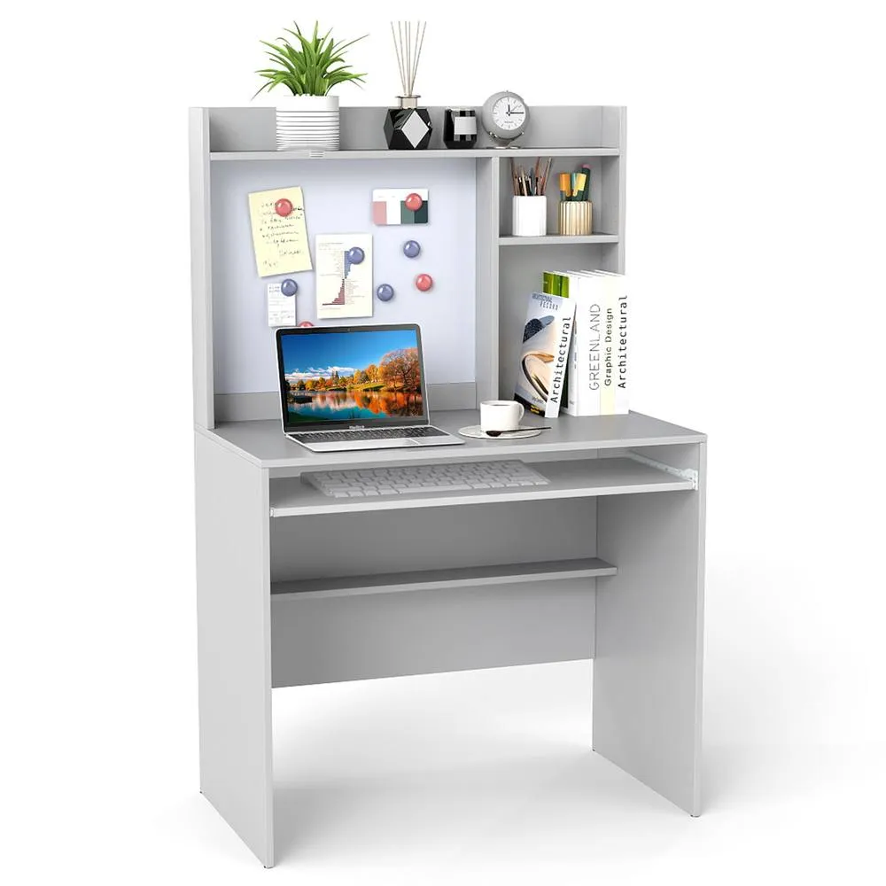 Costway Computer Desk Home Office Desk w/Magnetic Bulletin Board in Grey 2