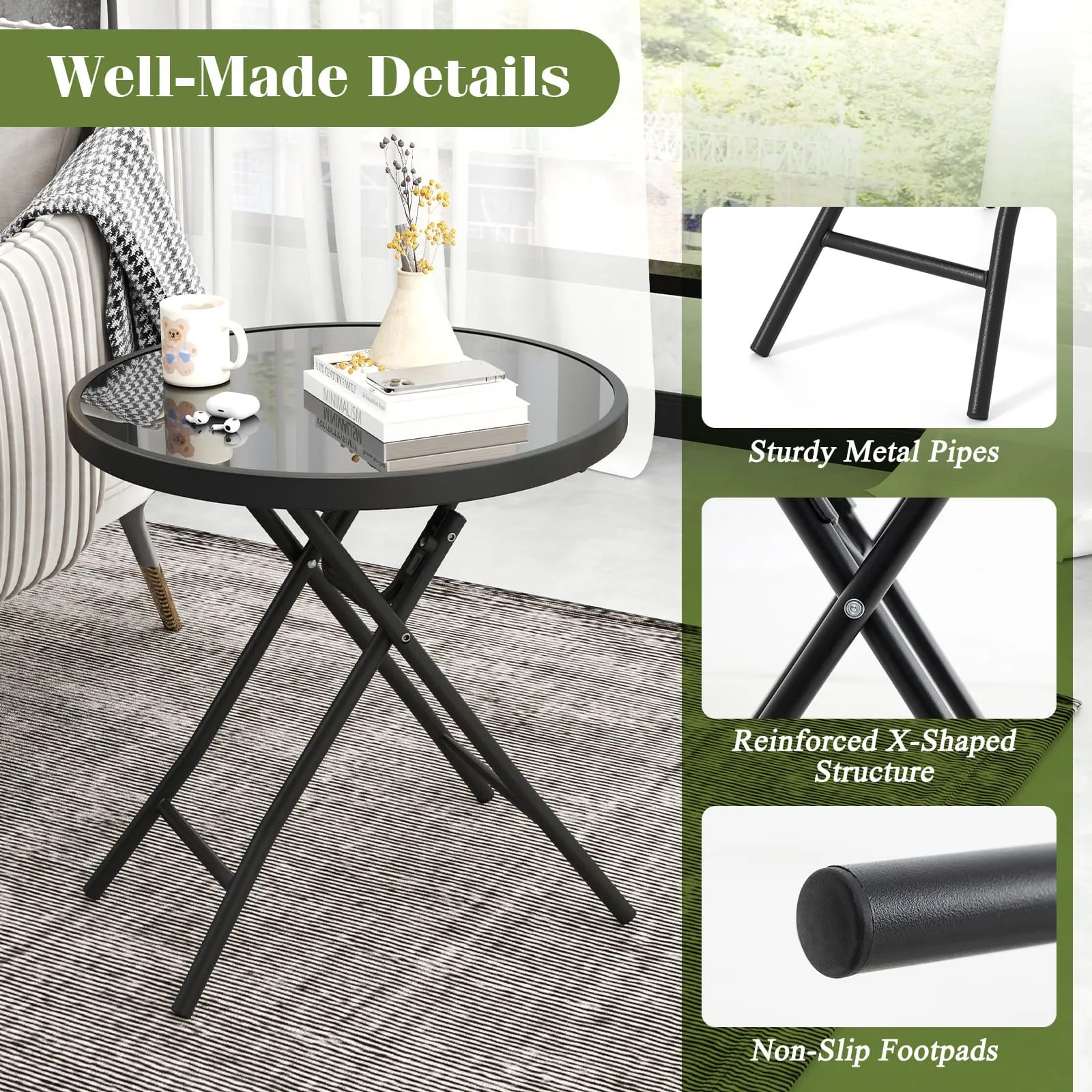 Costway Folding Glass Table Portable Patio Coffee Table w/Footpads-Black in Black 4