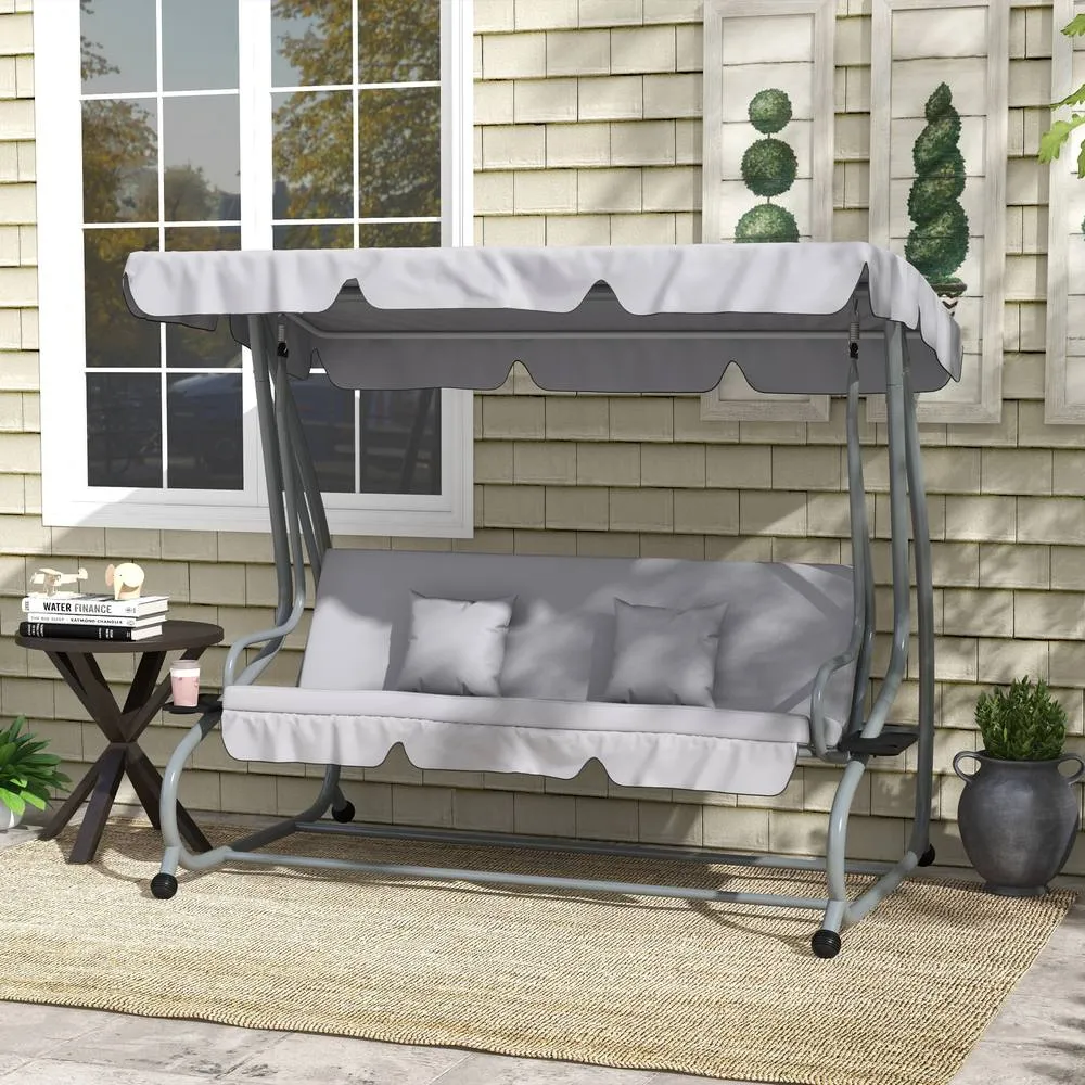 OUTSUNNY 2-in-1 Garden Swing Chair for 3 Person w/ 2 Pillows, Light Grey