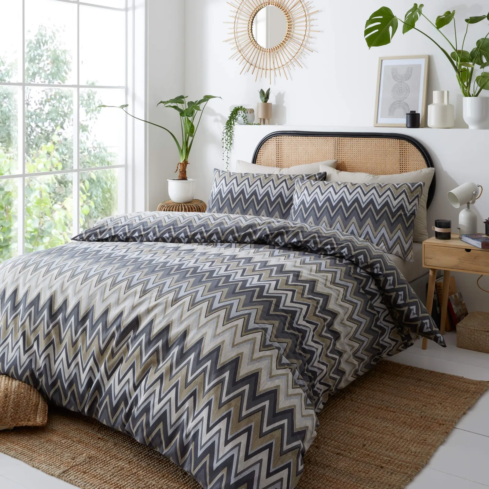 Portfolio Home Tyler Zig Zag Bedding Duvet Cover Quilt Set with Pillowcase in Grey