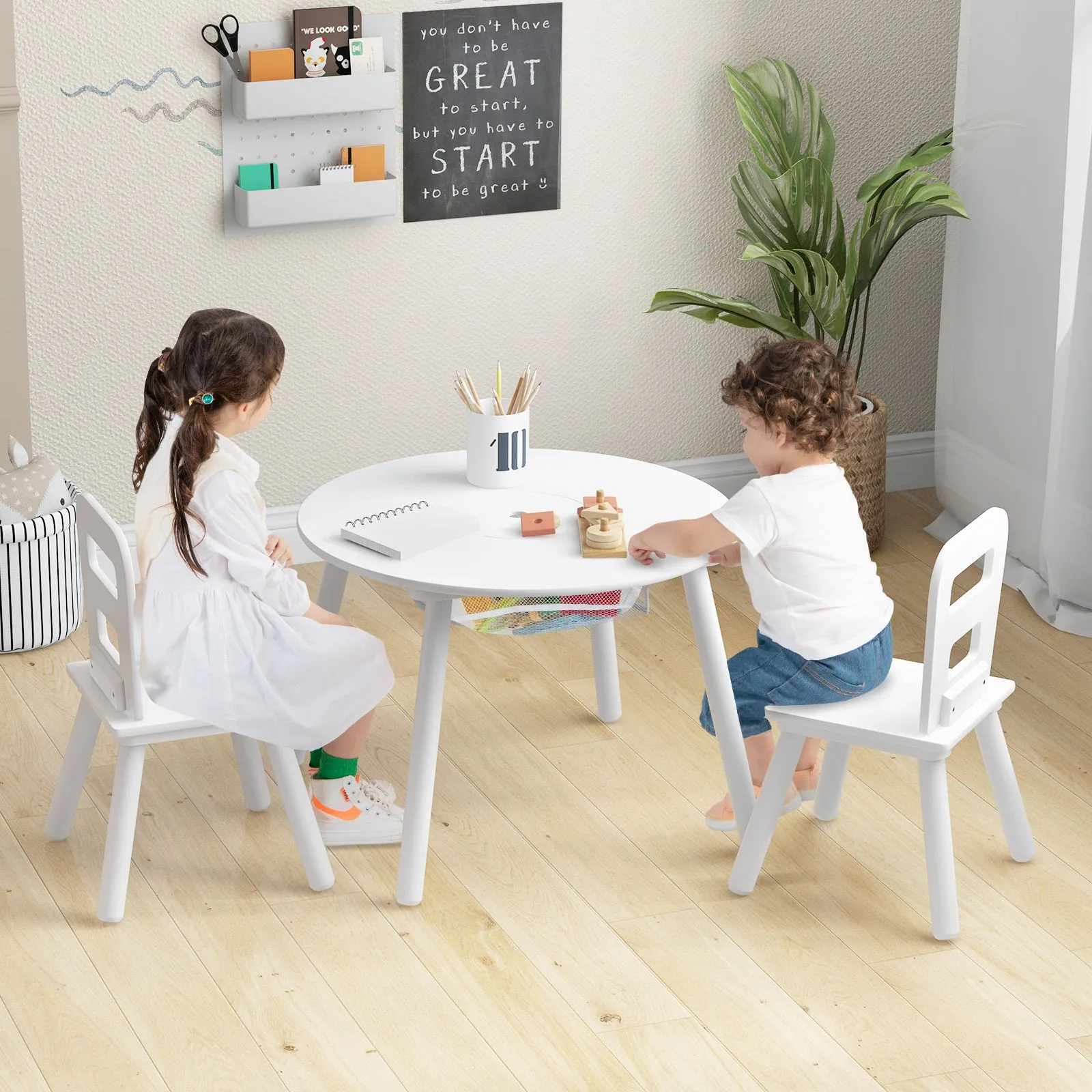 Costway Round Table & Chair Set 3 Pcs Wooden Activity Table in White 4
