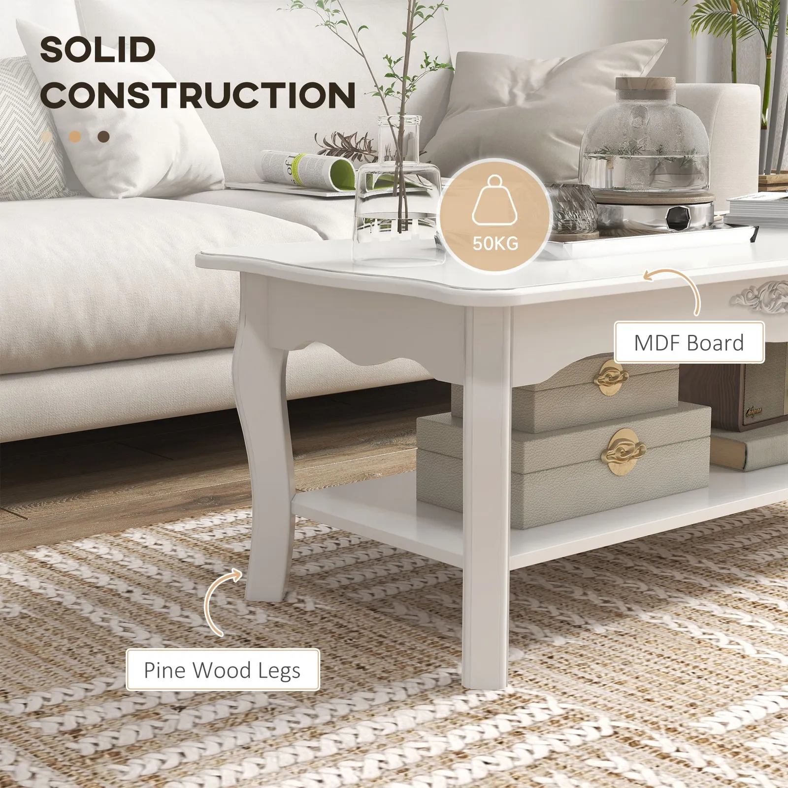 HOMCOM Wooden Coffee Tea Table Modern White Shelf Storage Living Room Home Furniture 6