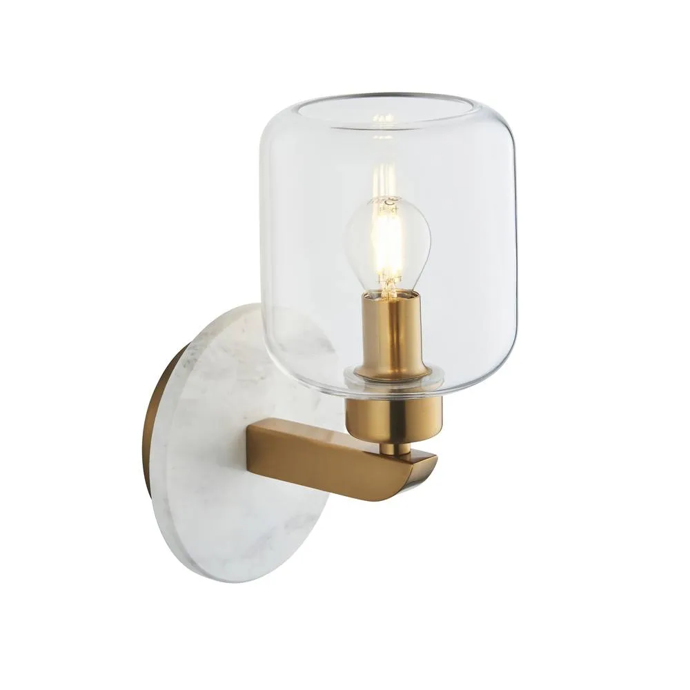 Netlighting Travi Wall Lamp White Volakas Marble Vintage Brass & Clear Glass E14