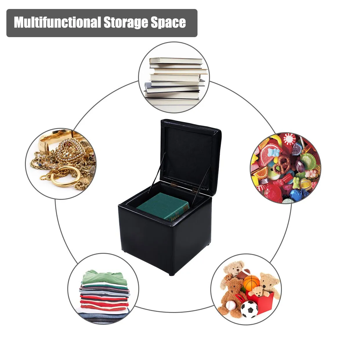 Costway Faux Leather Storage Ottoman Cube Pouffe Storage Toy Box Padded Foot Stool in Black 6