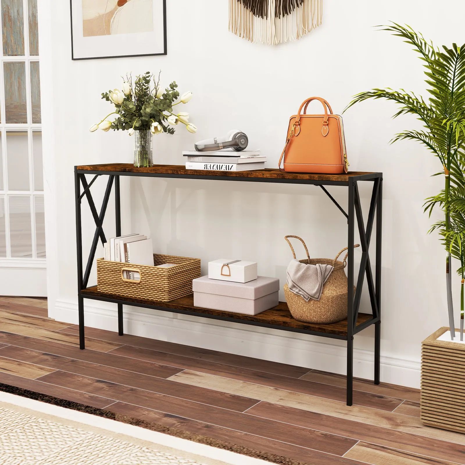 Costway Industrial Console Table 2-Tier Narrow Sofa Table Behind Couch in Brown 3