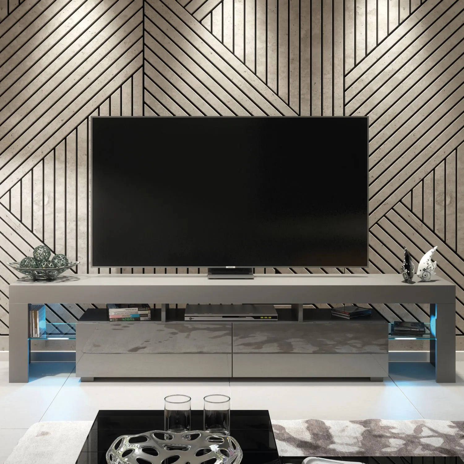Creative Furniture Nova TV Unit 200cm - A Spacious & Modern Cabinet with Gloss Doors & LED Lights in Dark Grey