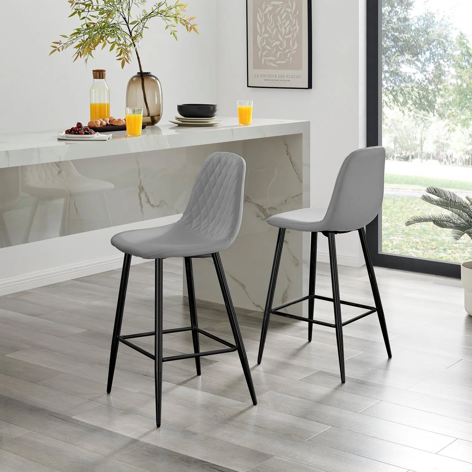 FurnitureboxUK Corona Set of 2 Counter Stools - Faux Leather Counter Stools With Black Legs - Kitchen Island Stool in Grey 1