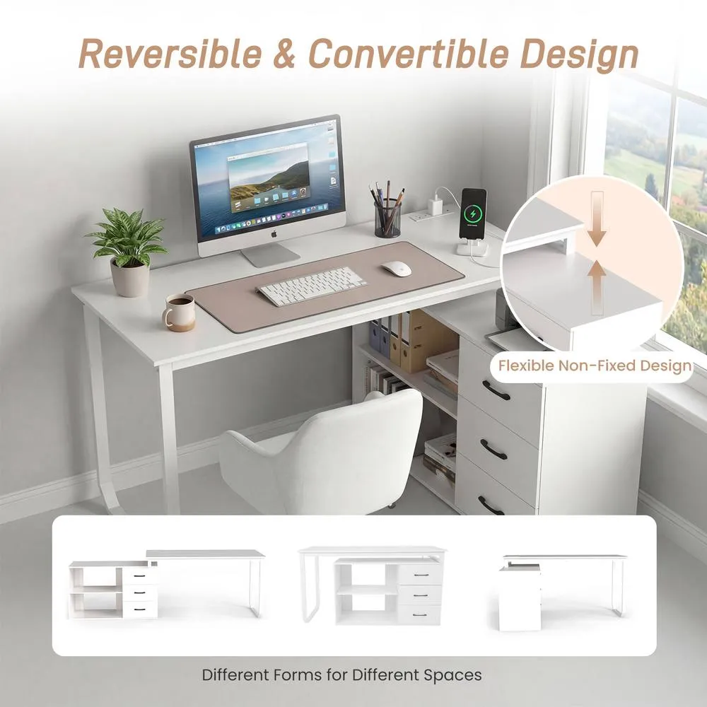 Costway 140cm Reversible L Shaped Desk w/ Power Outlet Study Writing Table in White 6