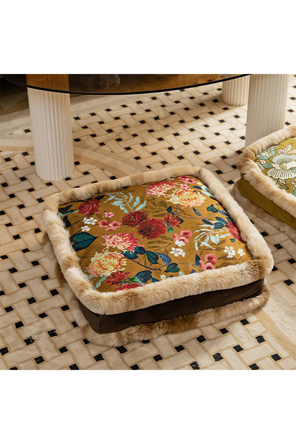 Living and Home Bohemian Floral Furry-Edged Thick Padded Cushion in Brown