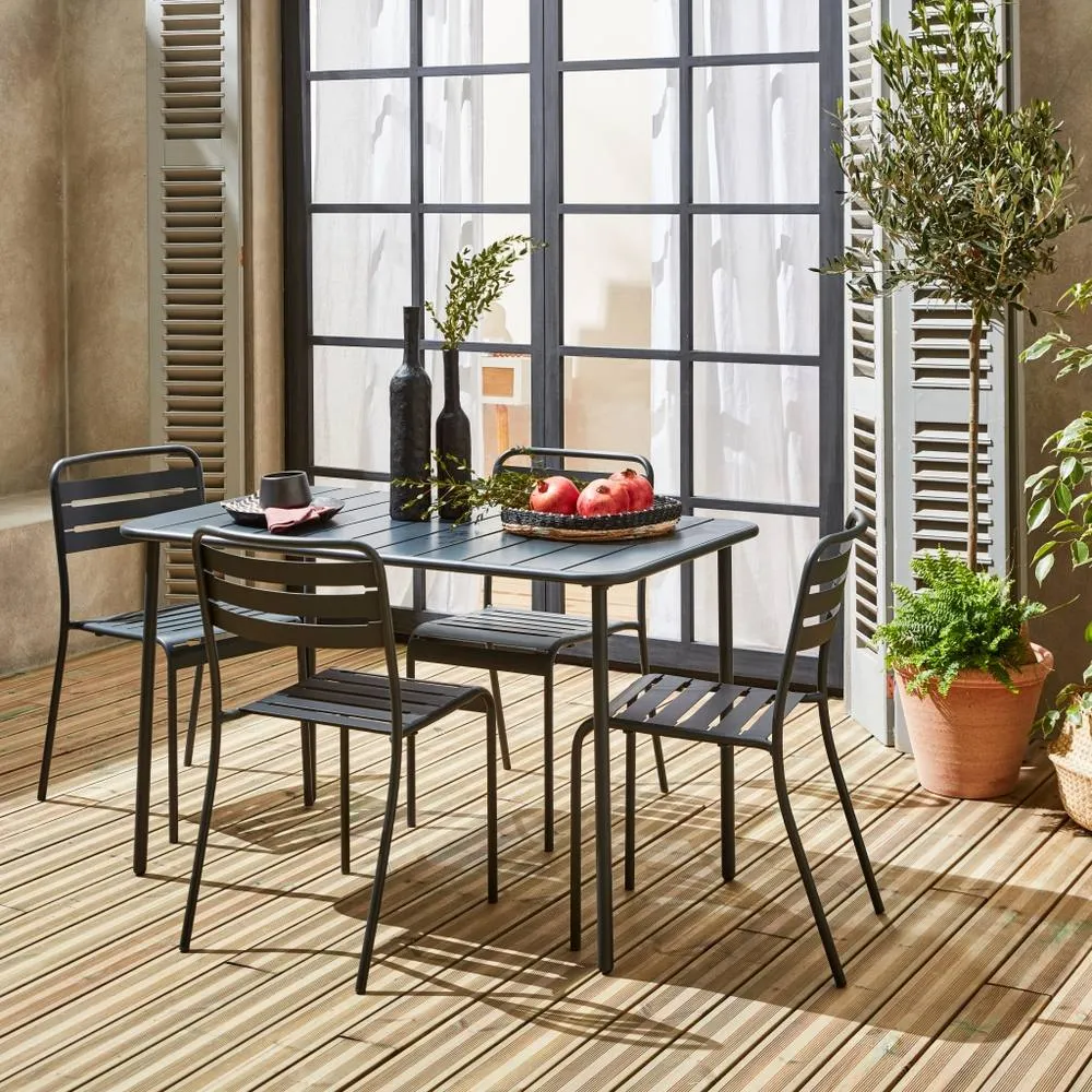 sweeek 4-seater Rectangular Steel Garden Table Set With Chairs in Dark Grey