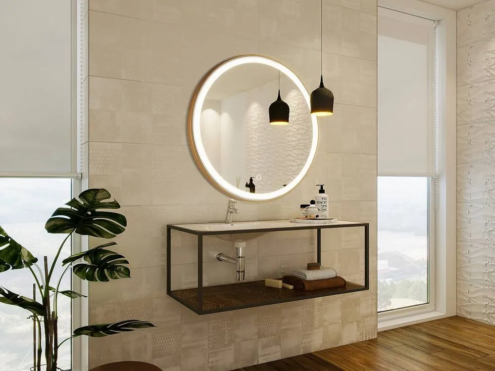 Vente-unique Round Illuminated Gold Bathroom Mirror With Leds - D80 Cm - NUMEA 3