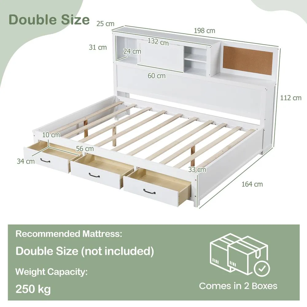 Costway Wooden Sofa Bed Frame with 3 Drawers Single/Double Size Guest Bed in White 2
