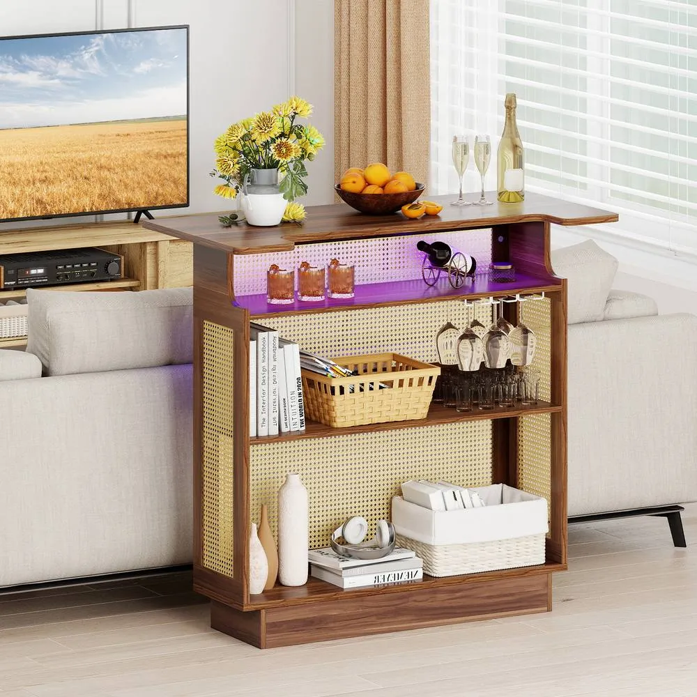 Costway Industrial Home Bar Table w/LED Light &App Control Rattan Dining Table in Brown 5