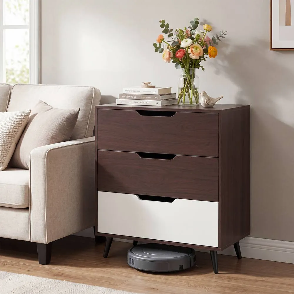 Costway Modern 3-Drawer Dresser Wooden Nightstand Metal Legs in Brown 4