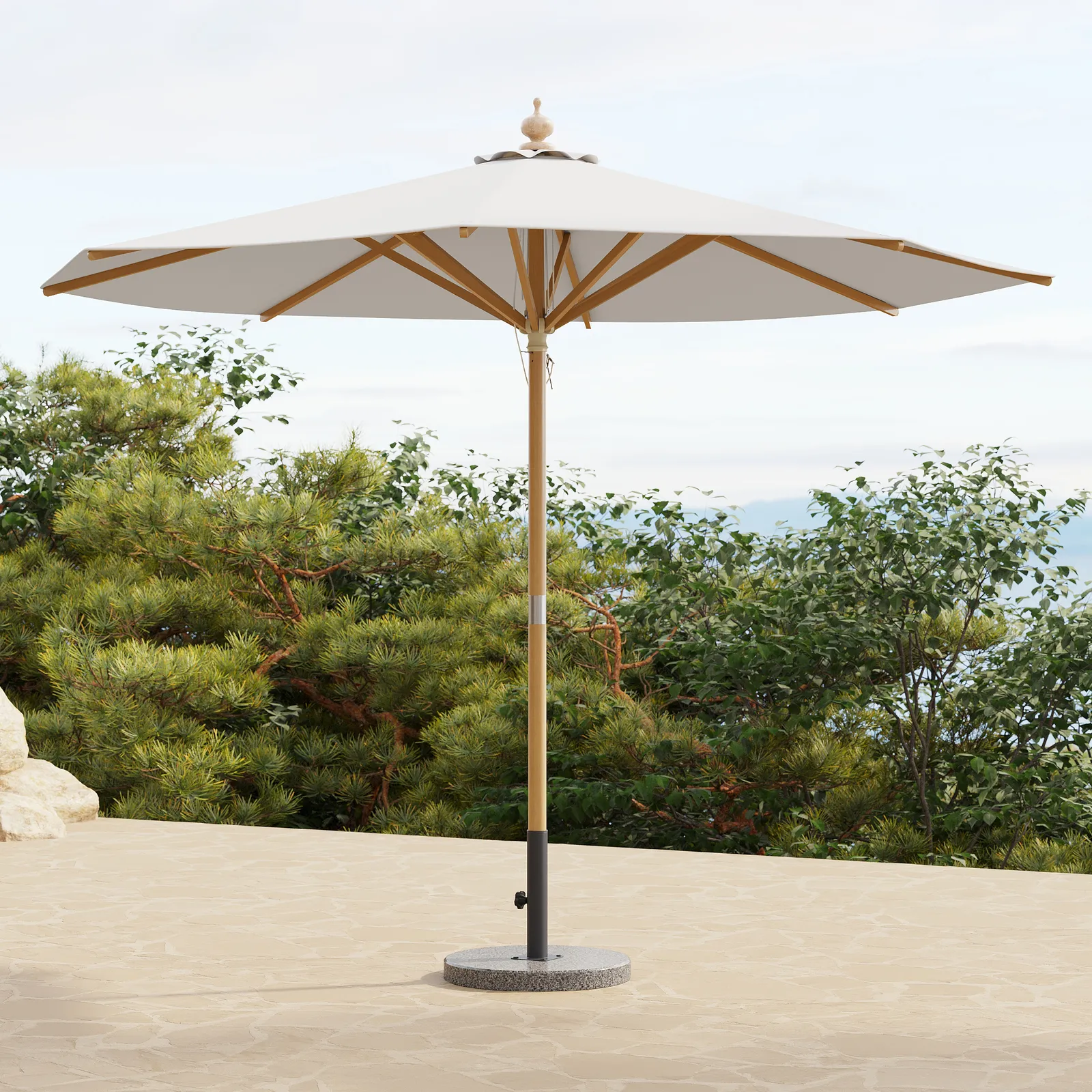 Tevara 10 ft. Patio Centre Pole Umbrella with Marble Stand Outdoor Sun Umbrella for Pool / Beach in White