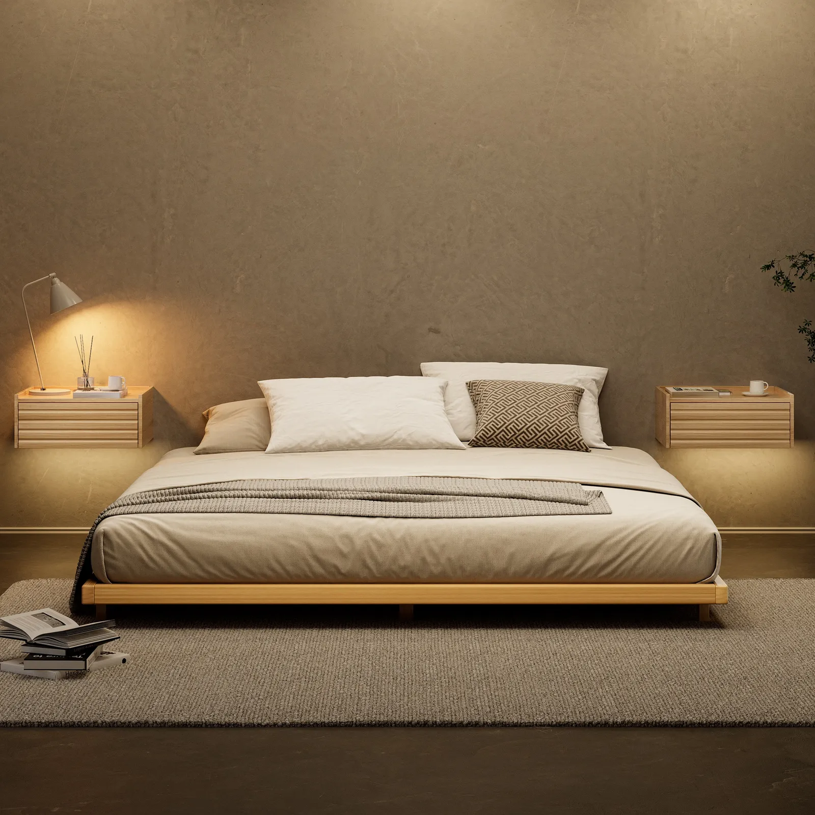 Japanese-Style Low Bed Frame with Natural Floor Bed and Floating Wooden Nightstands Set