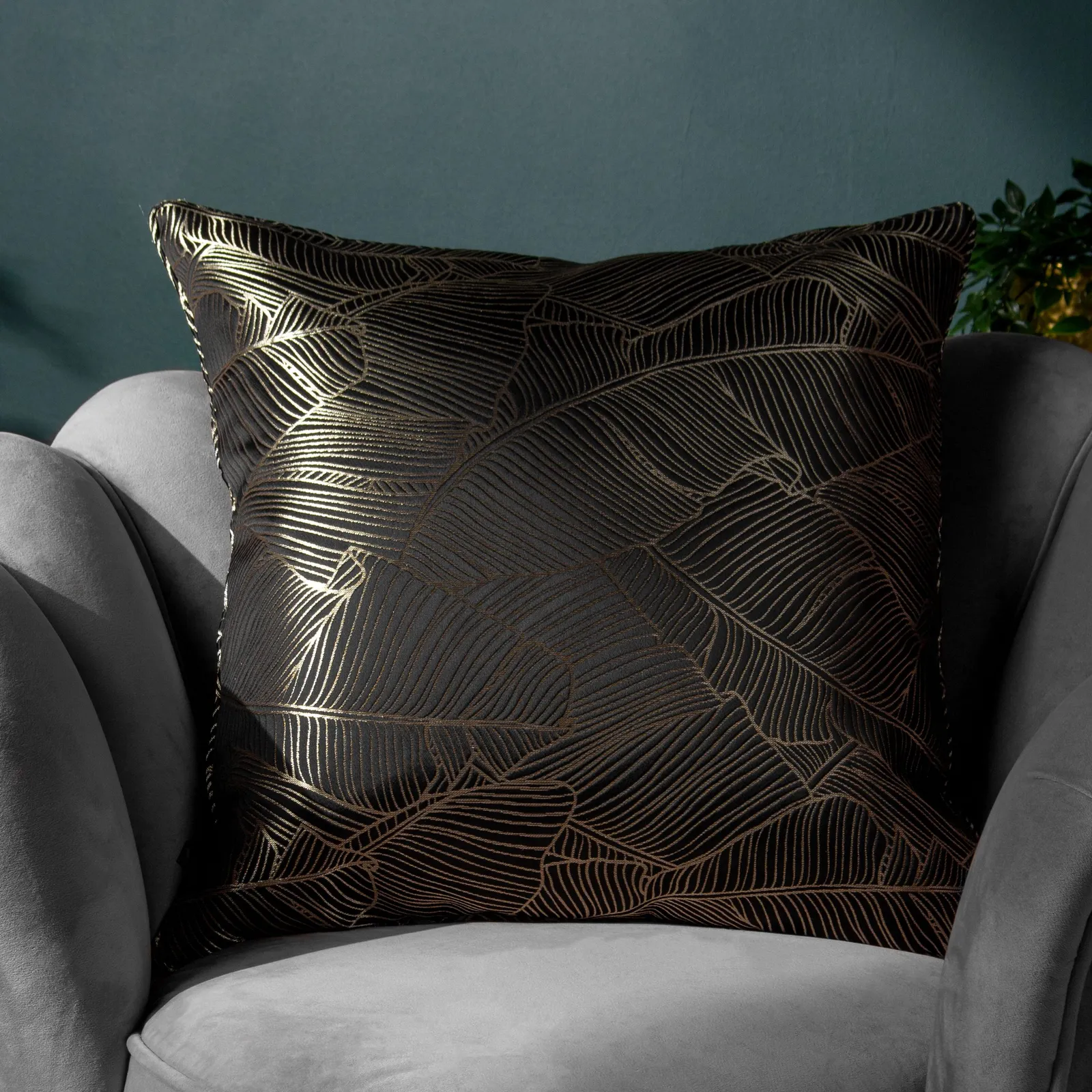 Wylder Tropics Seymour Embroidered Satin Cushion in Black