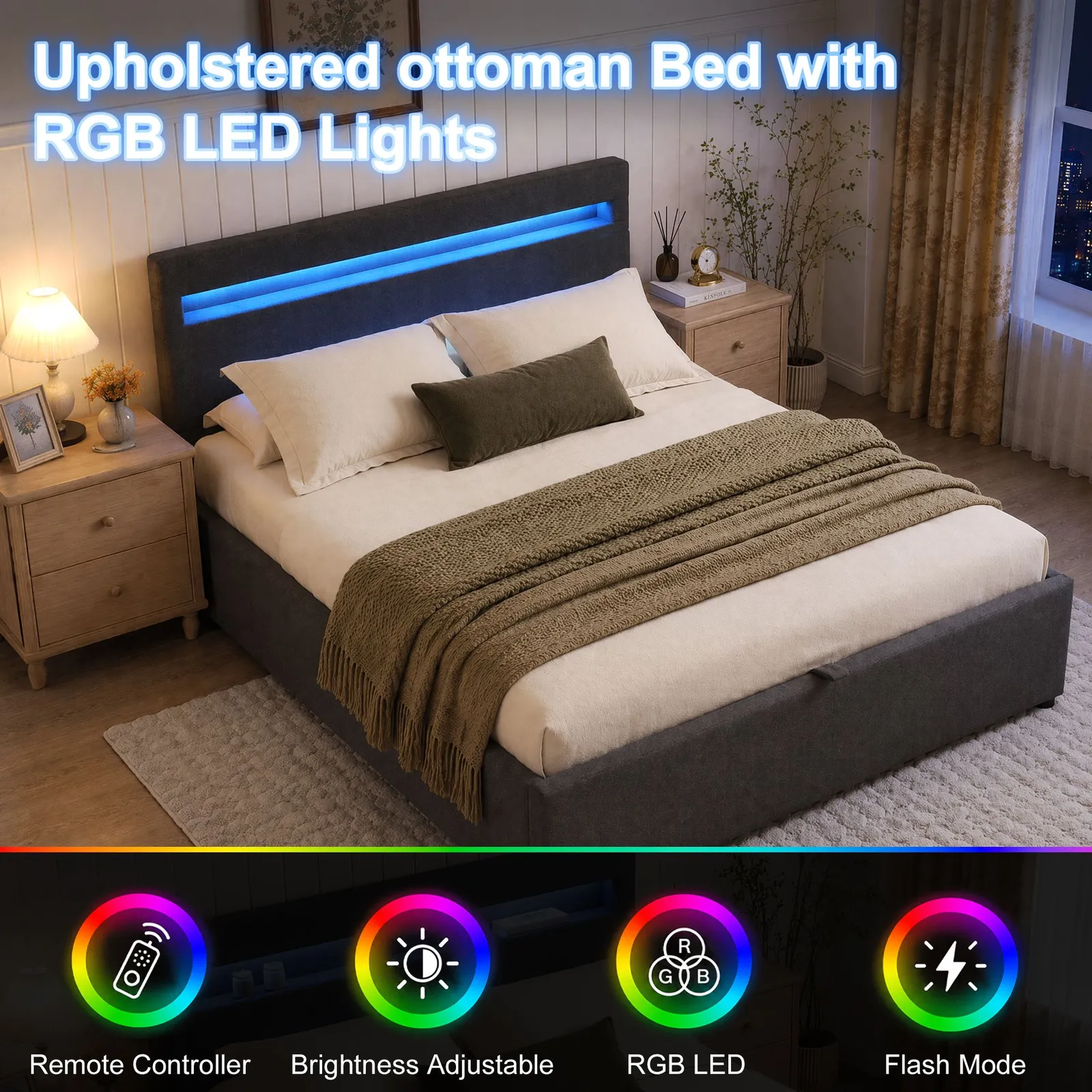 Comfy Living Ltd Fabric Modern Gas Lift Ottoman Bed Frame With LED in Dark Grey 4