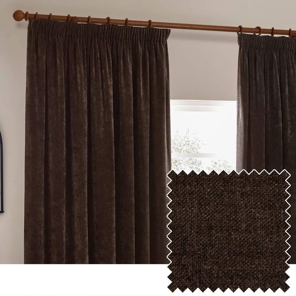 Yard Heavy Chenille Blackout Pencil Pleat Curtain Pair in Brown 1