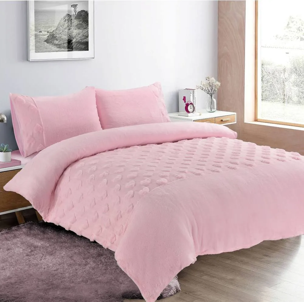 Homes-Linen Teddy Hearts Duvet Cover Set Super Soft Fluffy Fleece Bedding in Pink
