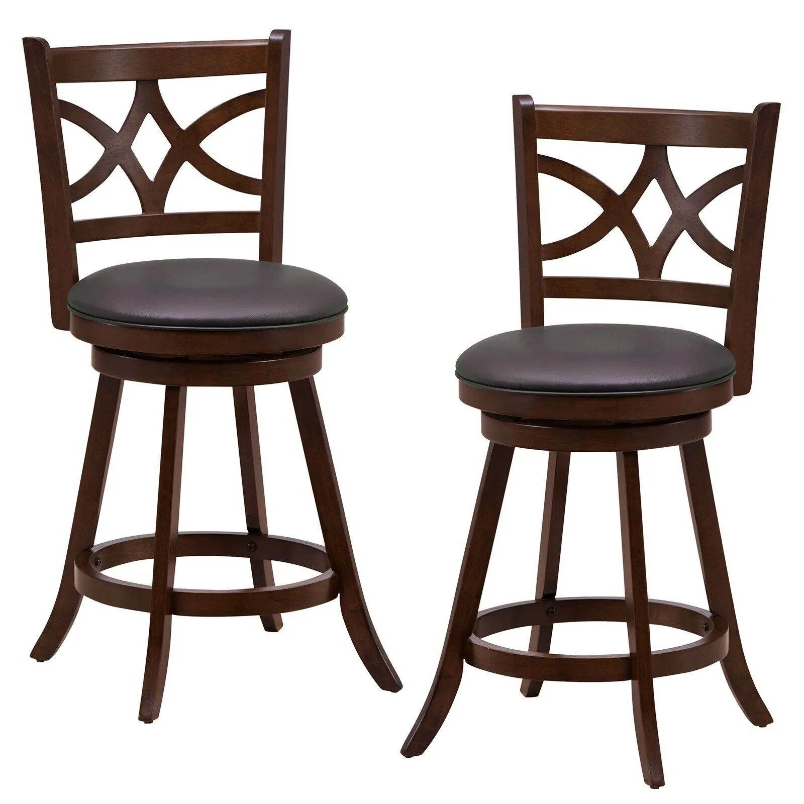 Costway Set of 2 Bar Stools Counter Height Chair Pub 360 Swiveling Upholstered Seat 24" in Brown