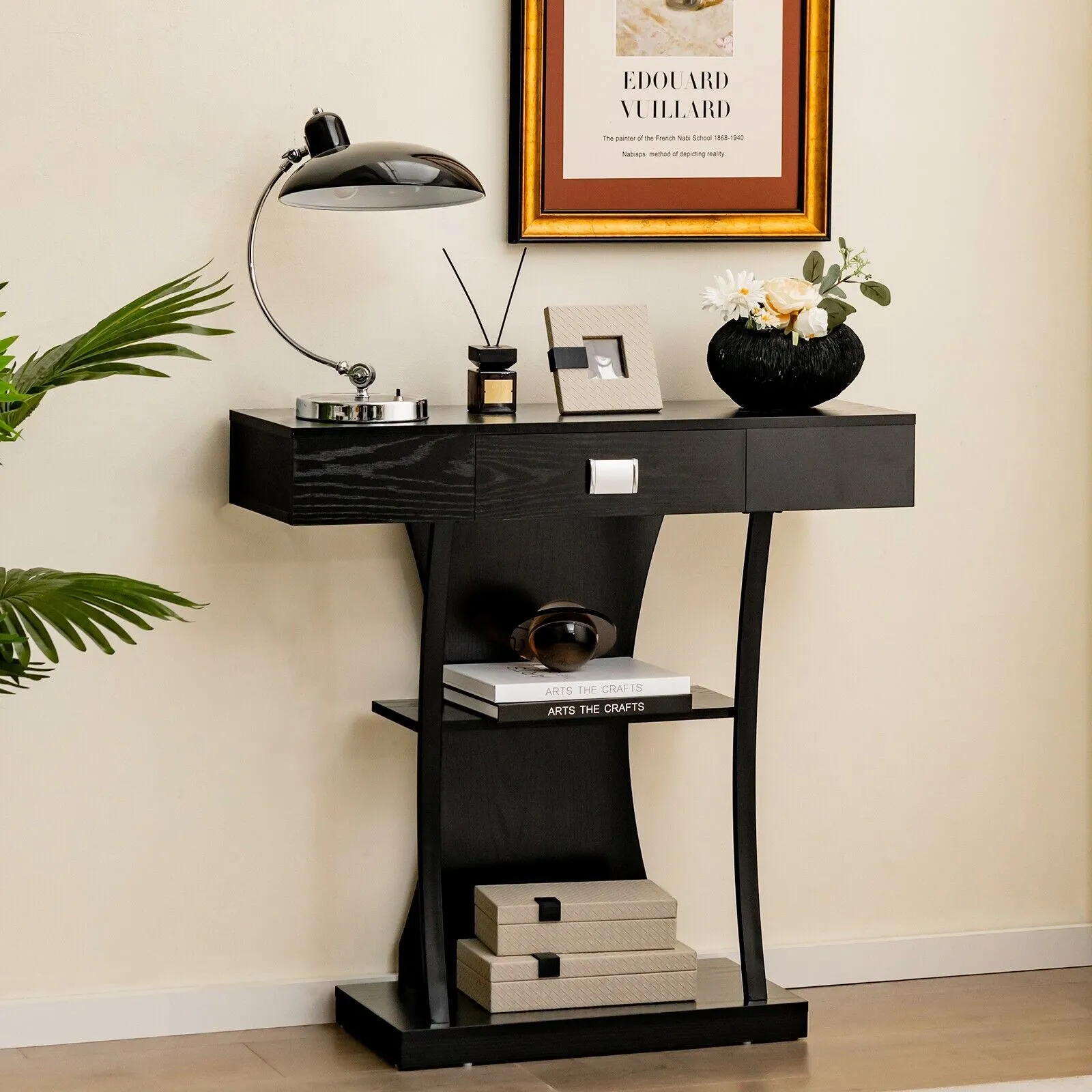 Costway T-Shaped Industrial Console Table Narrow Sofa Side Table Entryway Display Shlves in Black 3