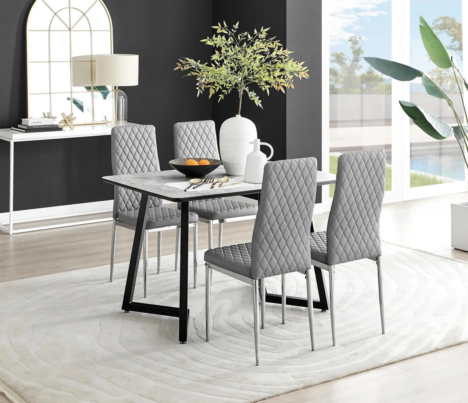 FurnitureboxUK Carson White Marble Effect Dining Table & 4 Milan Chrome Leg Chairs in Grey 1