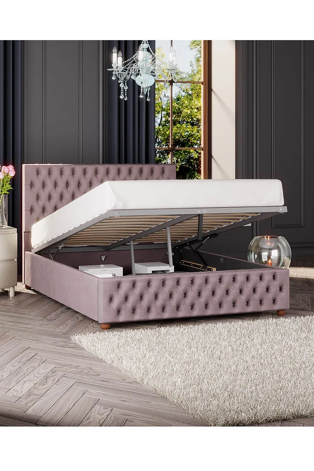Laurence Llewelyn-Bowen Seren Ottoman Storage Bed in Plush Velvet Fabric, Custom Made in Rose 2