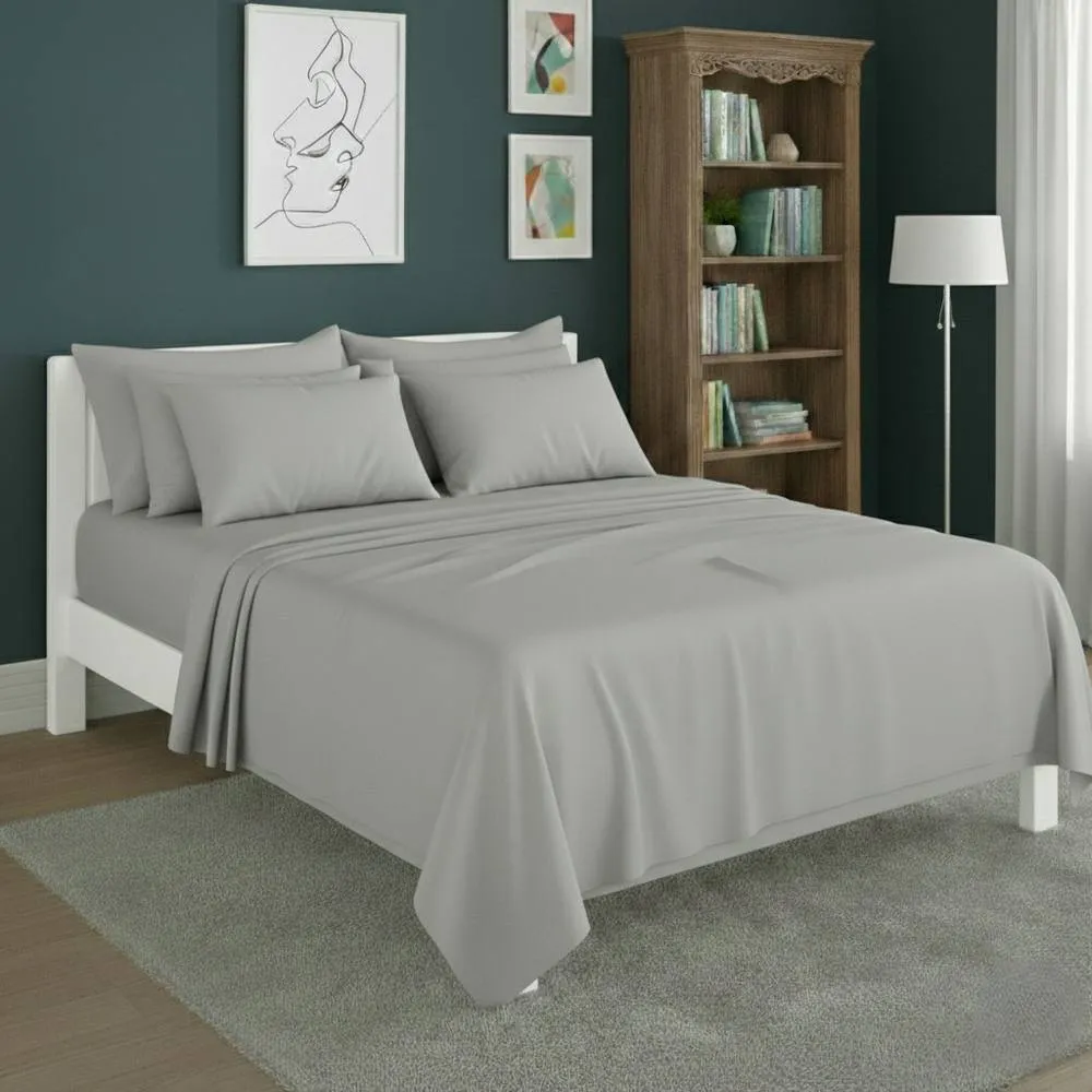 Snug City Plain Poly Cotton Easy Care Fitted Flat Sheet Matching Pillowcases Set in Silver