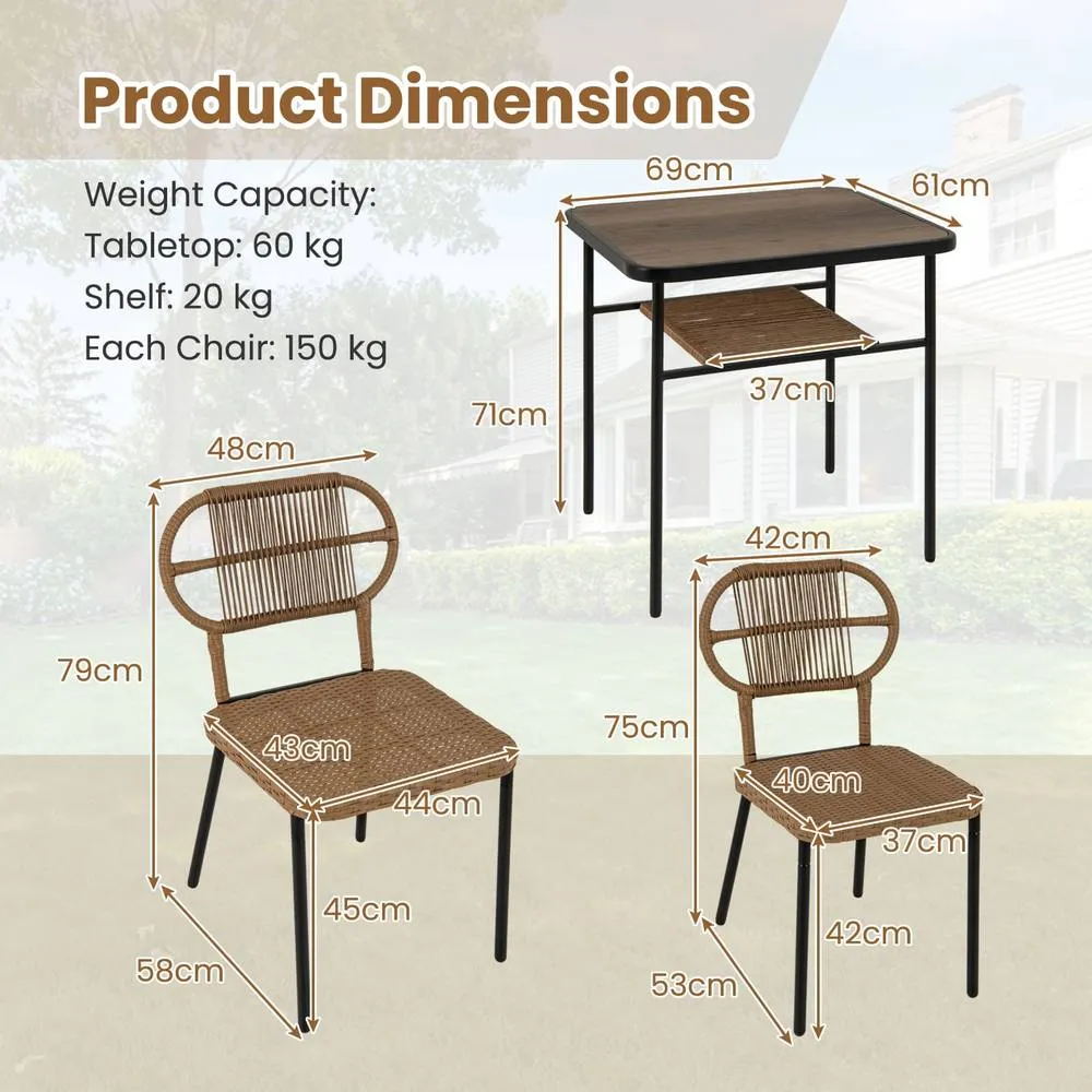 Costway 3 Piece Patio Dining Set 2 Varied-Size Stackable Rattan Chairs-Natural in Brown 6