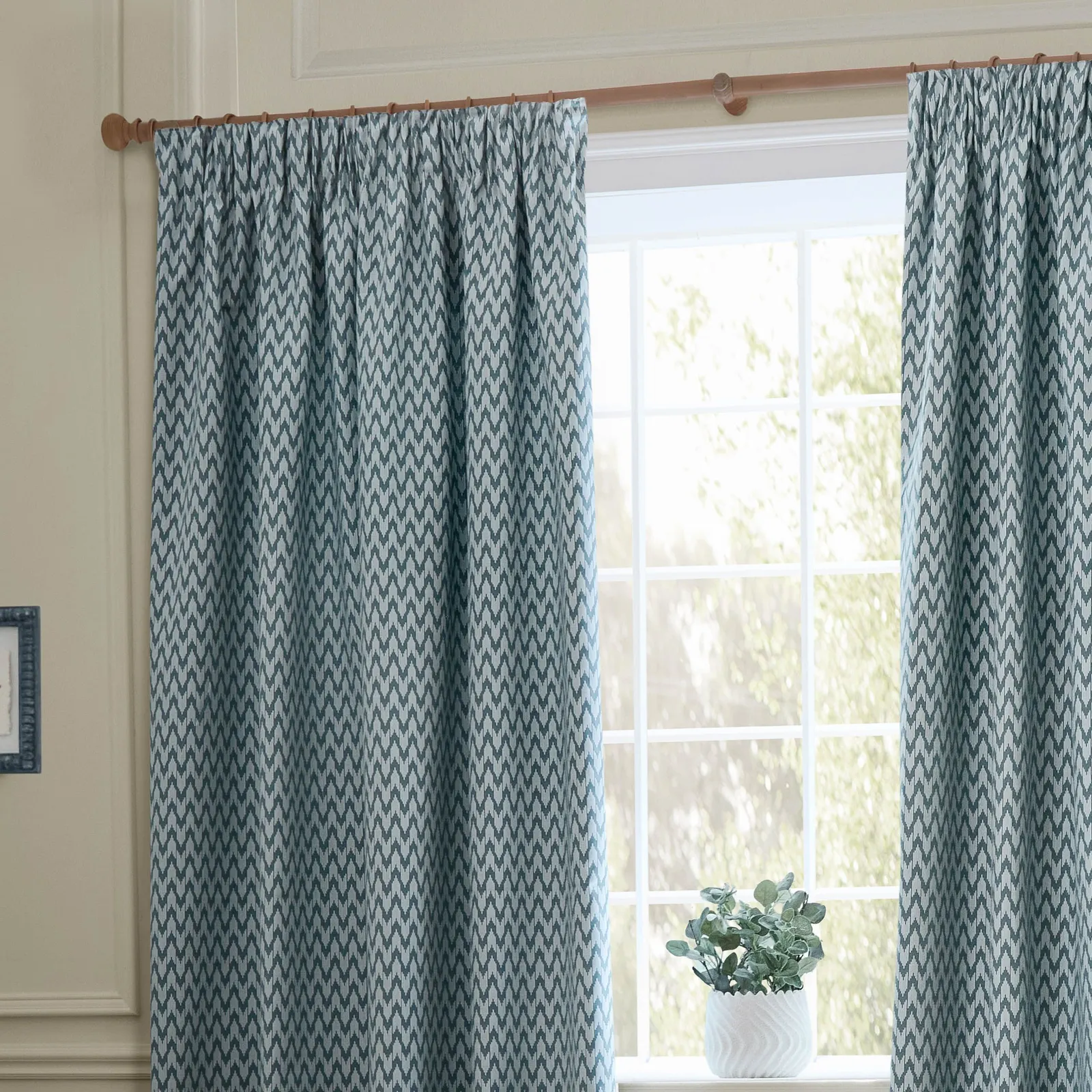 Sanderson Hutton Jacquard Room Darkening Pencil Pleat Curtains in Blue 3