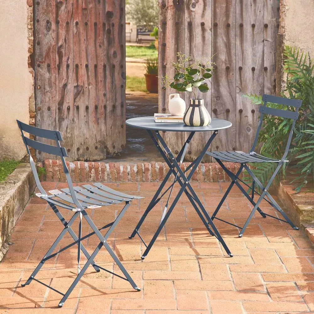 sweeek Round folding metal bistro garden table with 2 chairs in Grey 1