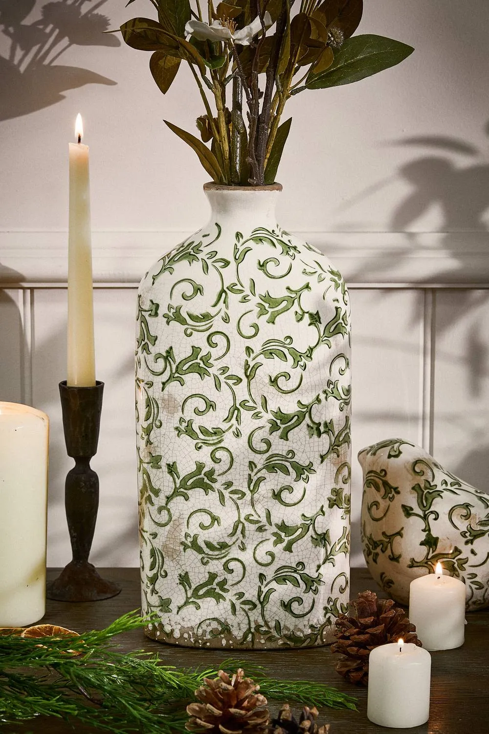 Dibor Vintage Luxury Irina Green Botanical Bottle Flower Vase H31 x W14cm in Cream