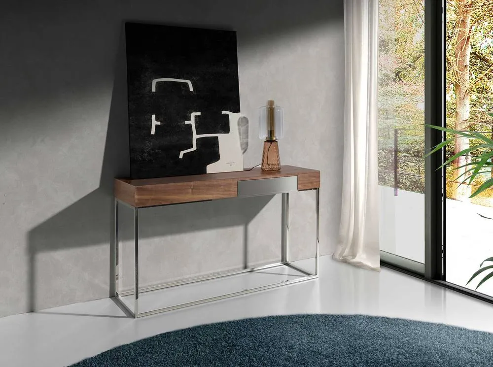 Angel Cerda Walnut-Veneer Console Table with Chrome Legs in Brown 6
