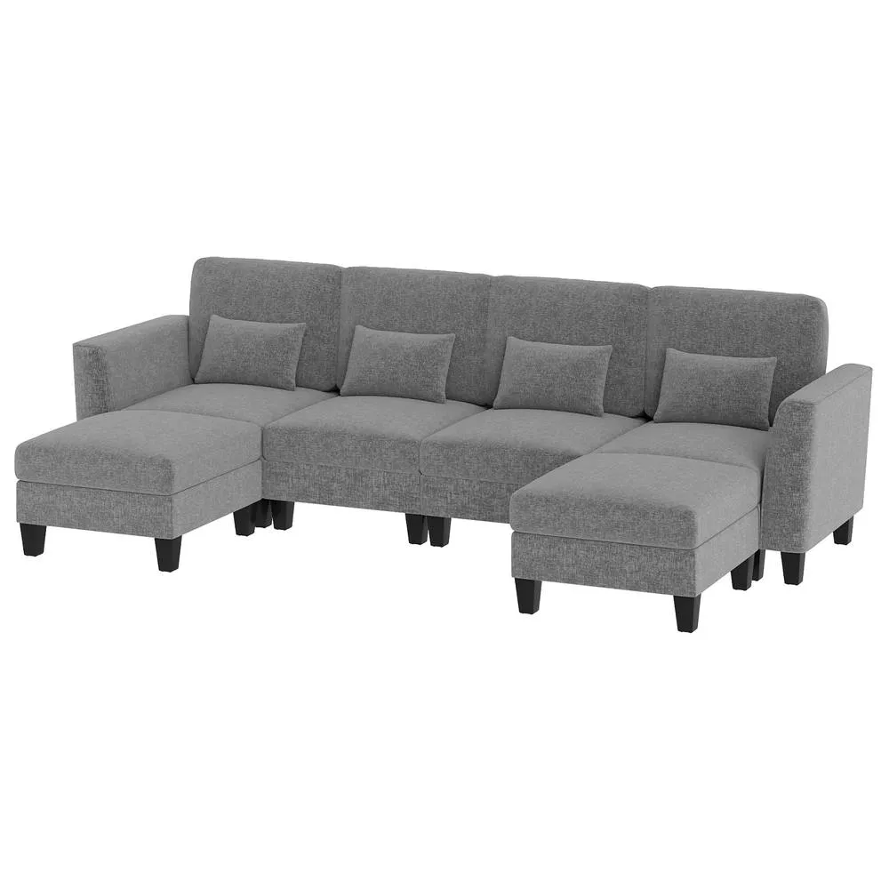 Costway Sectional Sofa with 2 Ottomans 4 Seat Sofa Set with Double Chaise in Grey