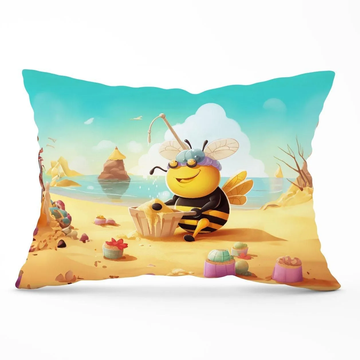 Warren Reed - Designer Bumblebee On A Beach Holiday Cushions in Yellow
