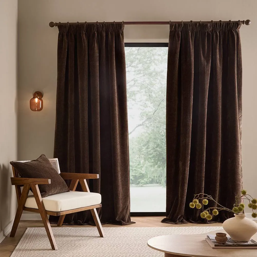 Yard Heath Washed Velvet Fully Lined Pencil Pleat Curtain Pair in Brown 4