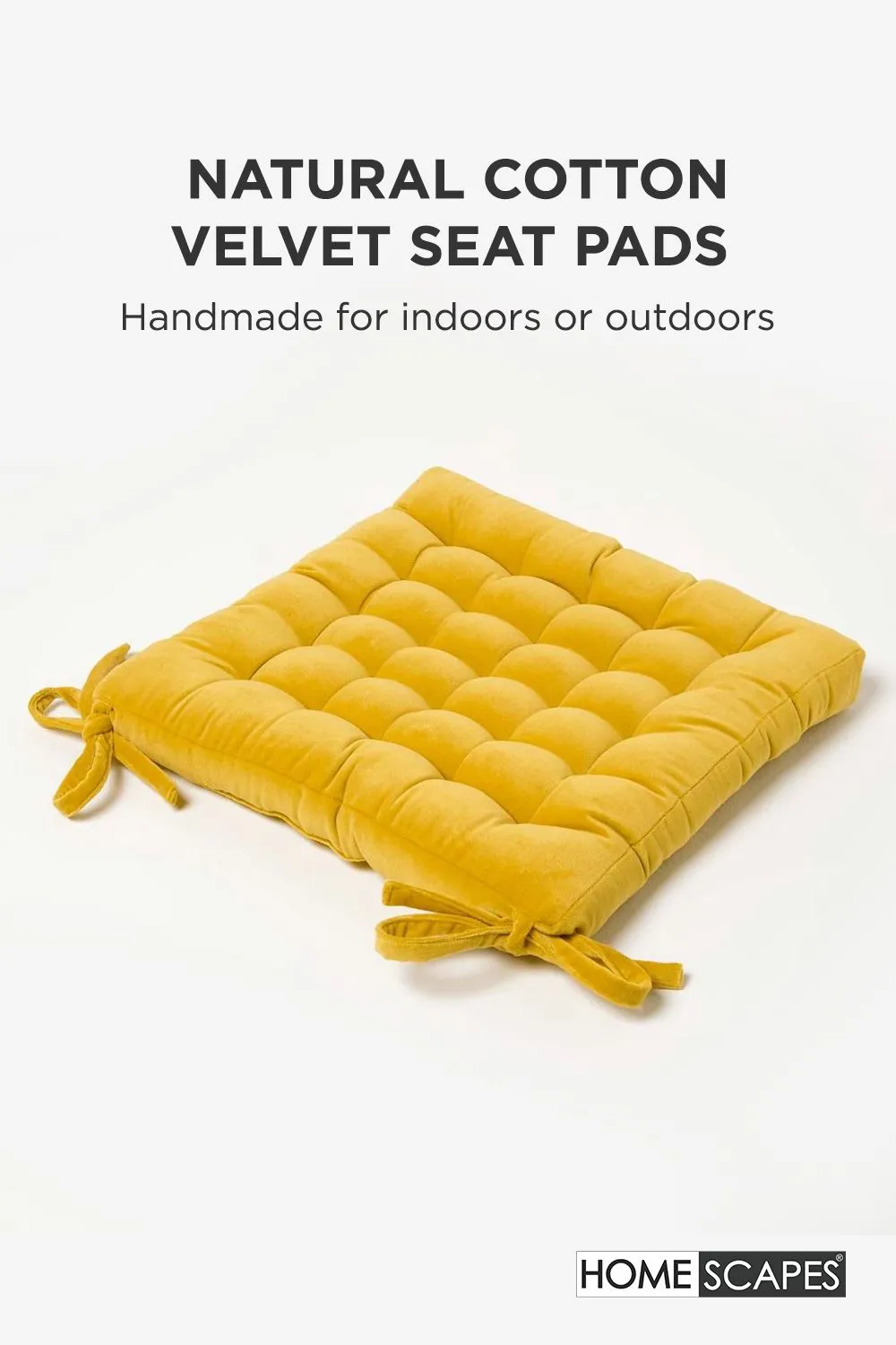 Homescapes 4 Pack Seat Pads Luxury Cotton Velvet Indoor Outdoor Garden Cushion, 40cm in Mustard 2