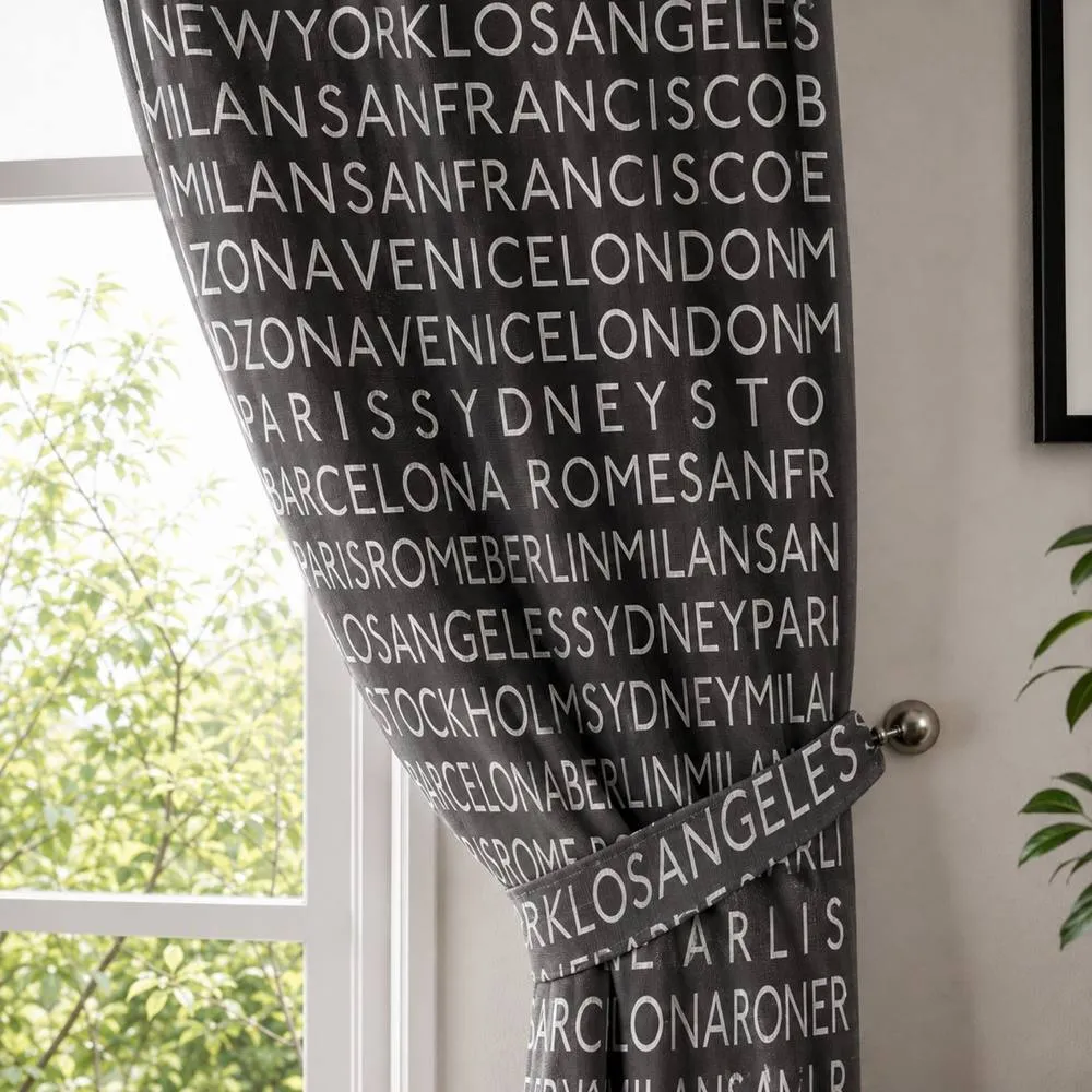 Smart Living Neon Cities Curtains Pair with Tie Backs - Urban City Print in Grey 2