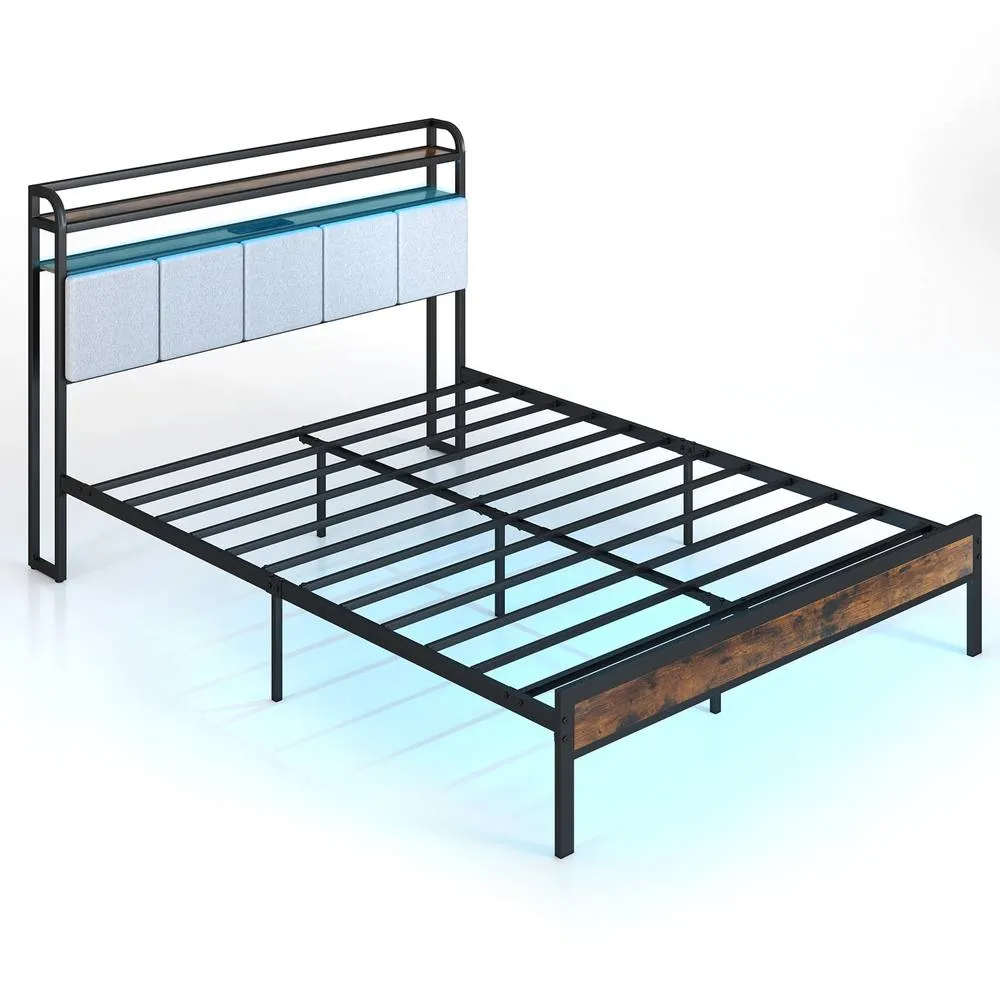 Costway King Size Bed Frame w/ LED Light & Charging Station-Brown in Brown