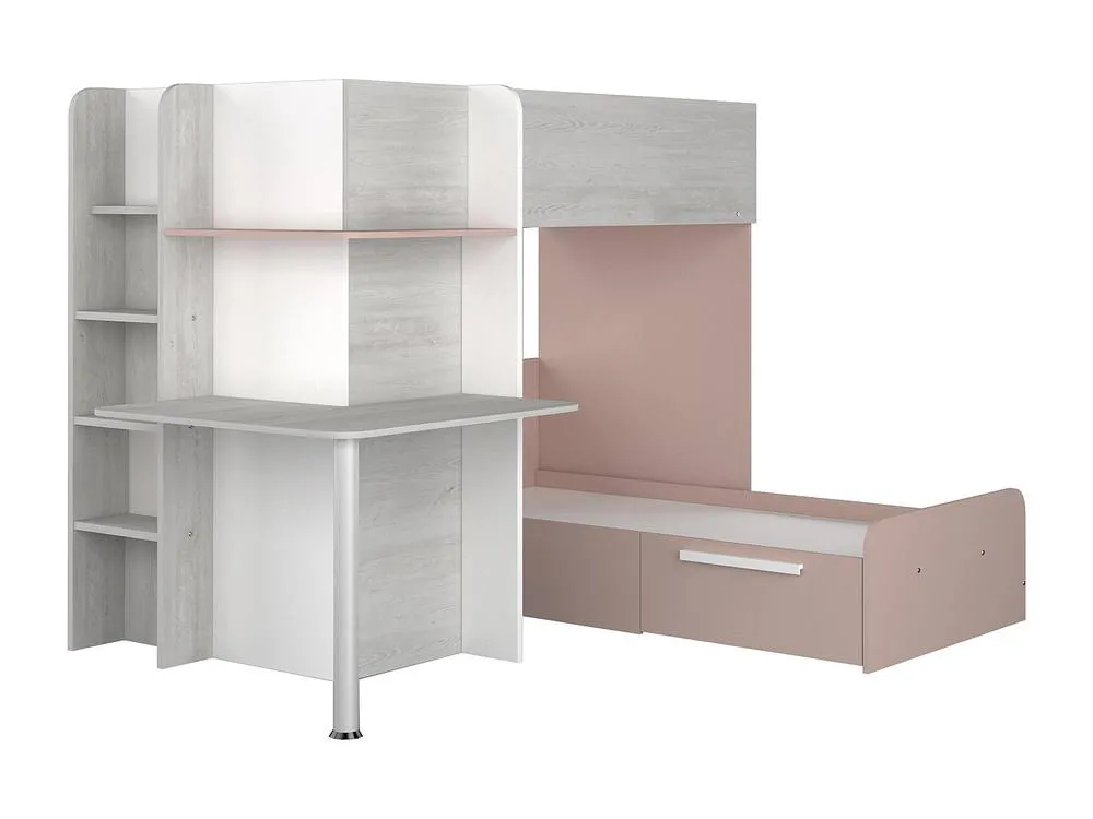 Vente-unique Corner Bunk Beds 2 X 90 X 190 Cm - With Desk - Grey, White & Pink in Light Grey 6