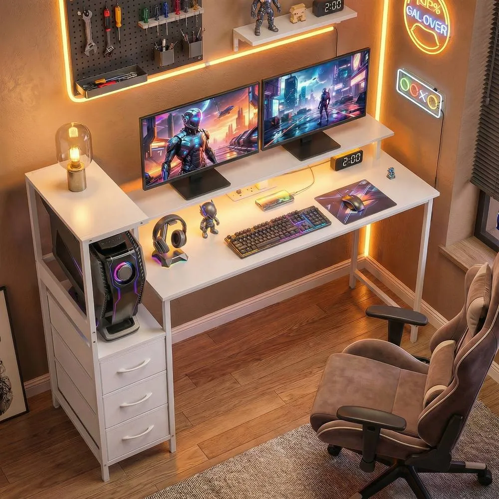 HOMCOM 147cm Gaming Desk with Charging Station & RGB Lights in White