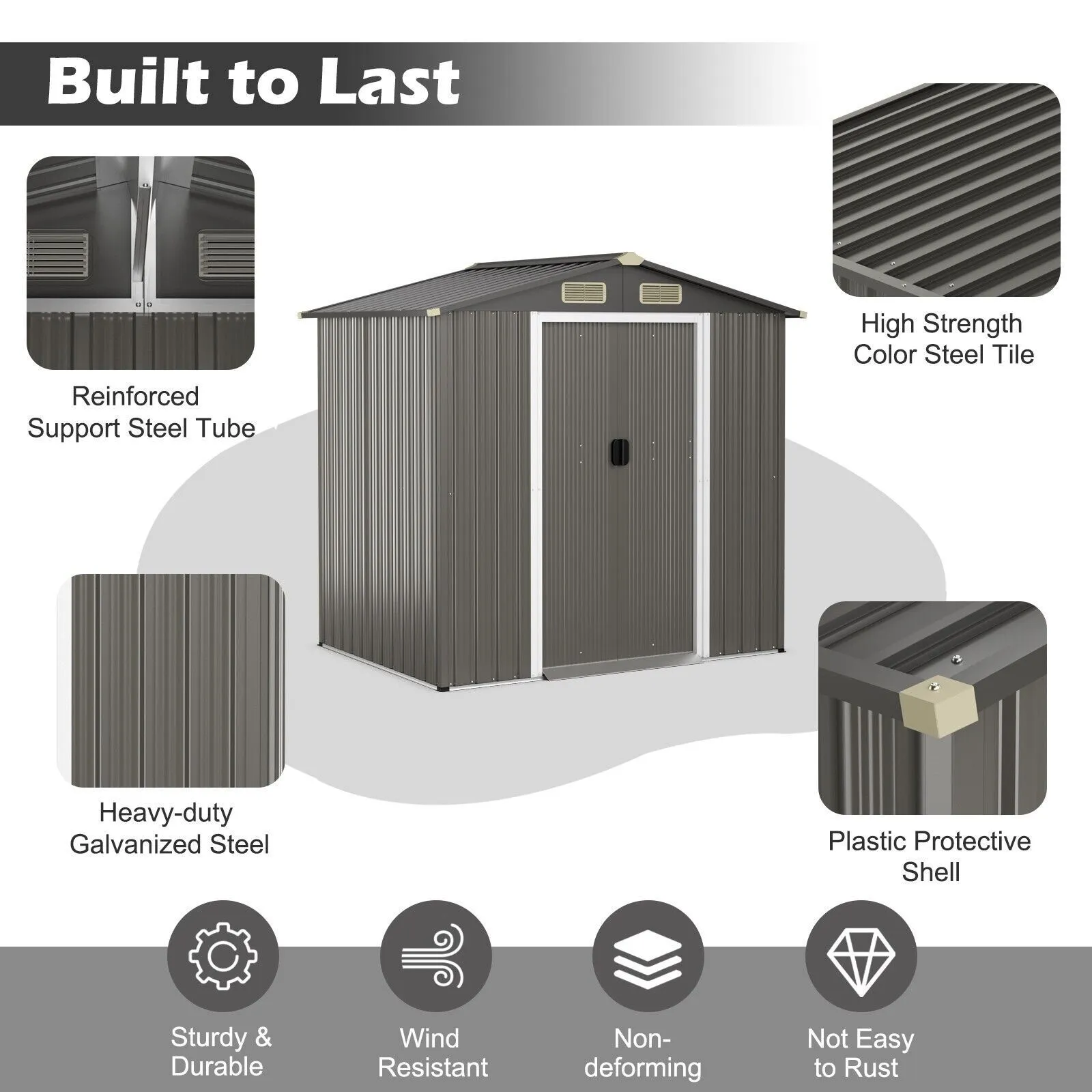 Costway 6 x 4 FT Outdoor Storage Shed Galvanized Steel Shed w/ Lockable Sliding Door in Grey 5