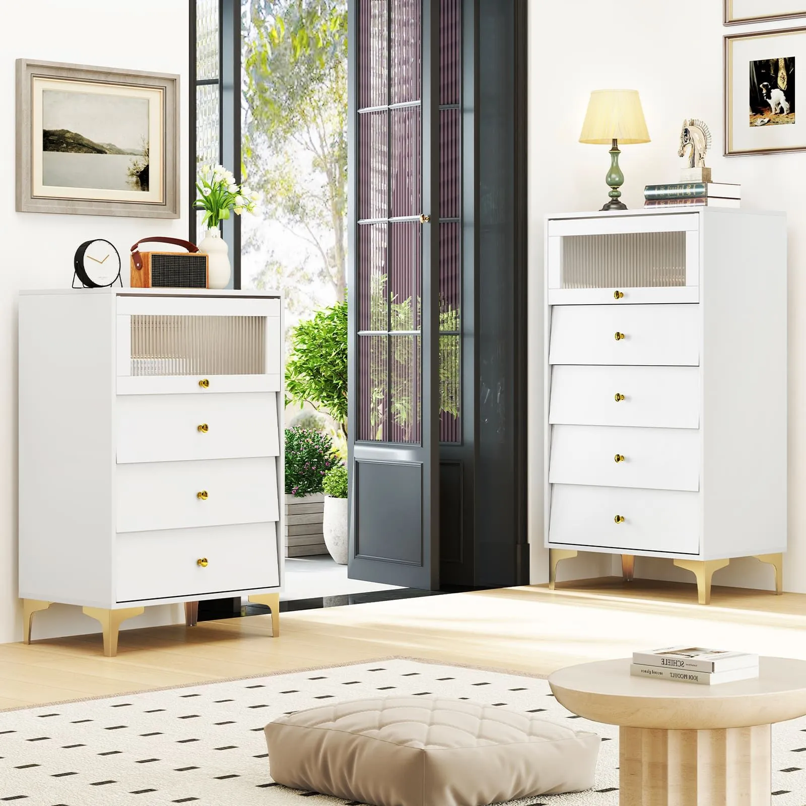Costway 4 Drawer Dresser Modern Storage Cabinet w/ Flip Up Fluted Glass Door in Grey 4