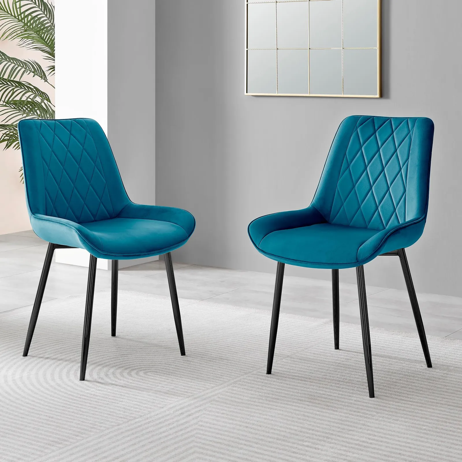 FurnitureboxUK Set of 2 Pesaro Luxury Velvet Dining Chairs With Diamond Stitched Back & Black Metal Legs in Blue 2