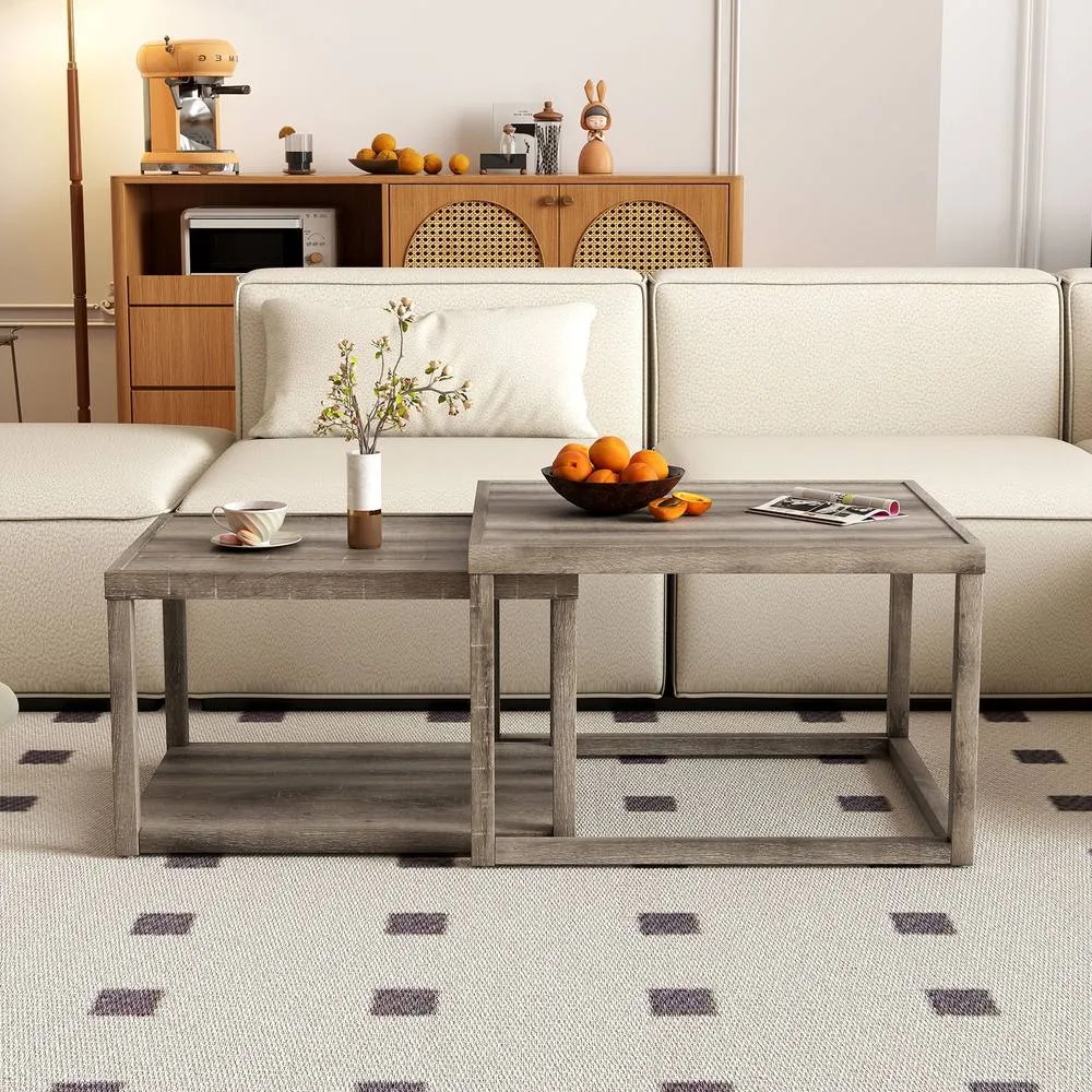 Costway Nesting Coffee Table Set of 2 Stackable Rectangular End Tables in Grey 5