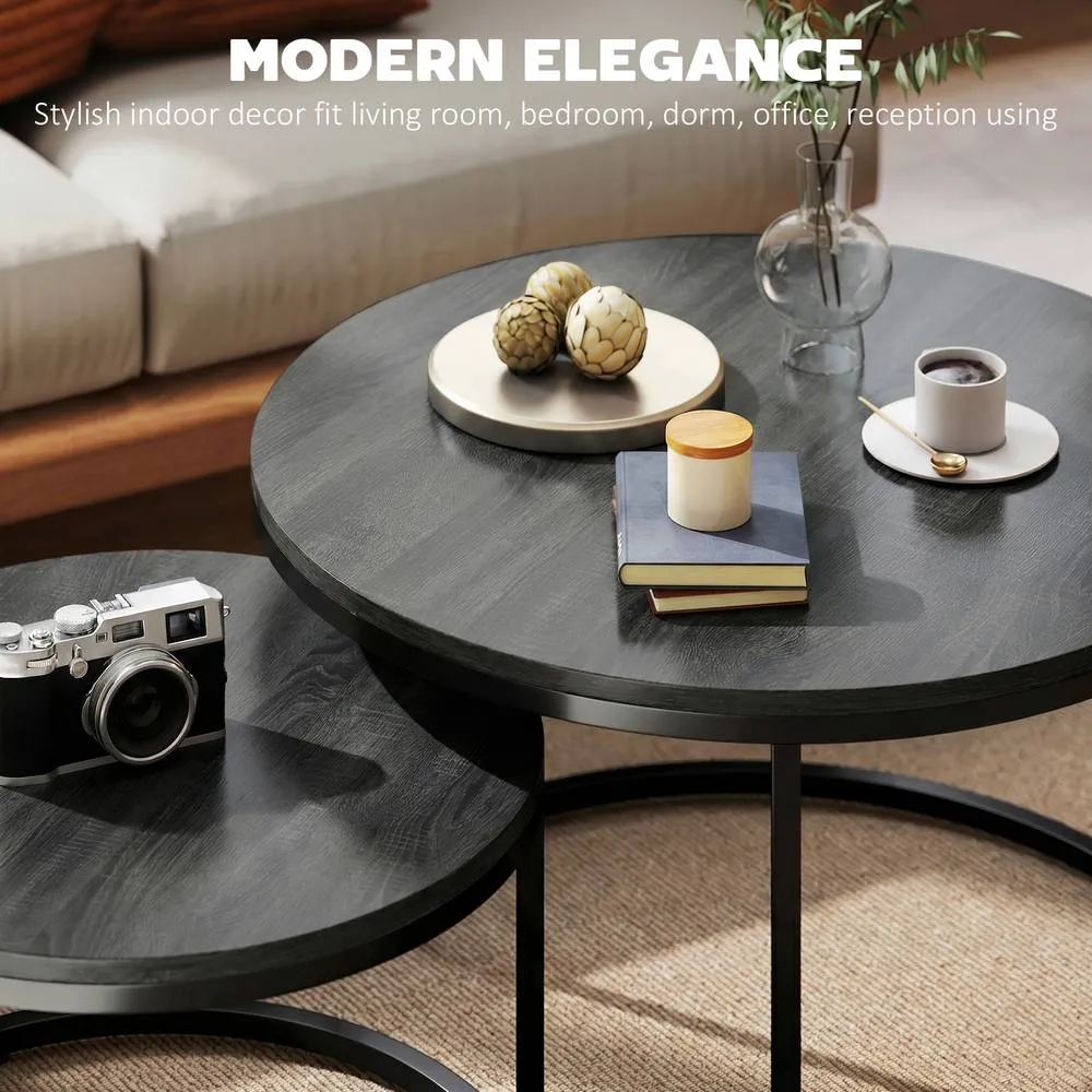 HOMCOM 2 Pcs Stacking Coffee Table Set Steel Frame, Black Wood Grain 4