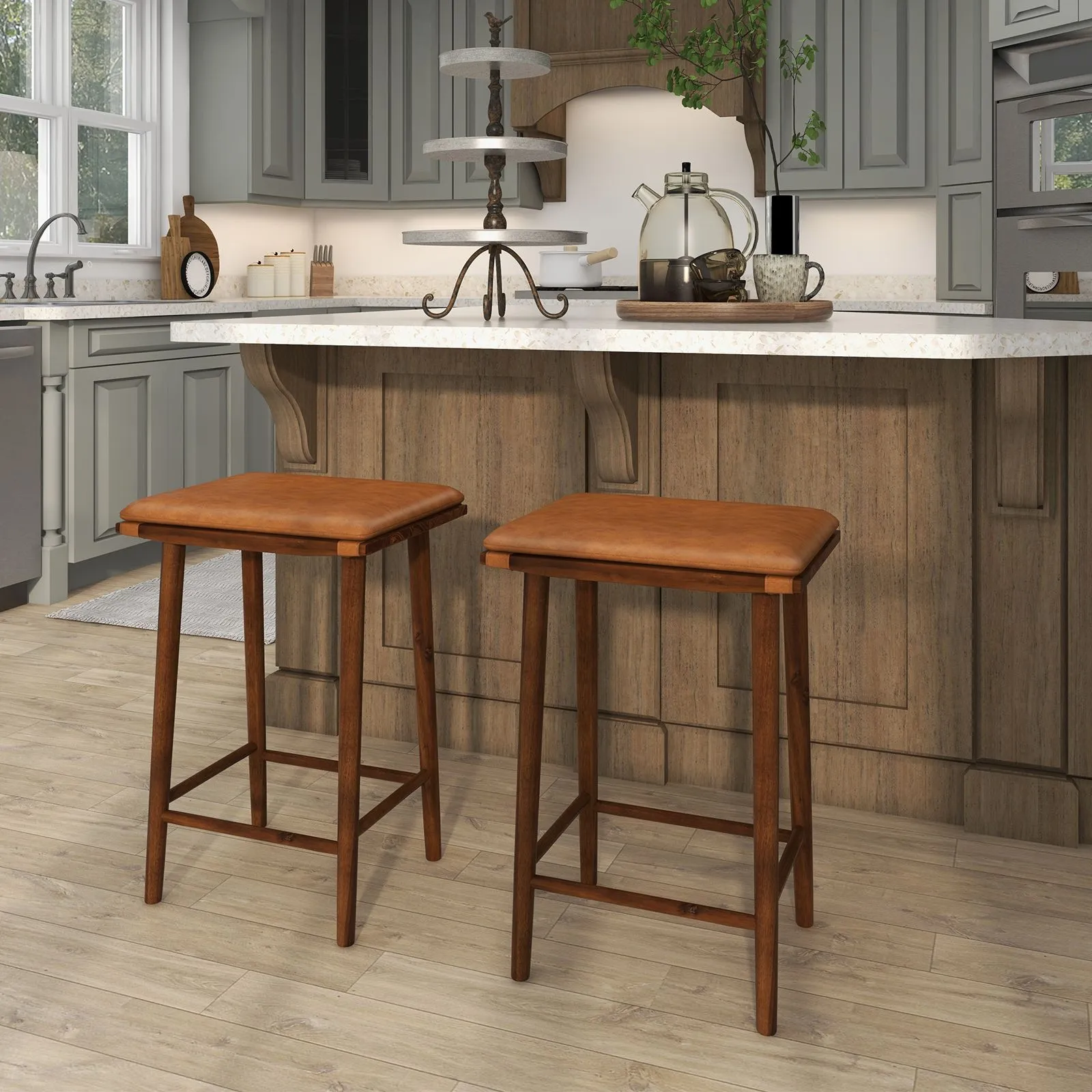 Costway Set of 2 Bar Stools Counter Height Stools Saddle Seat Stool with Solid Wood Legs in Brown 3