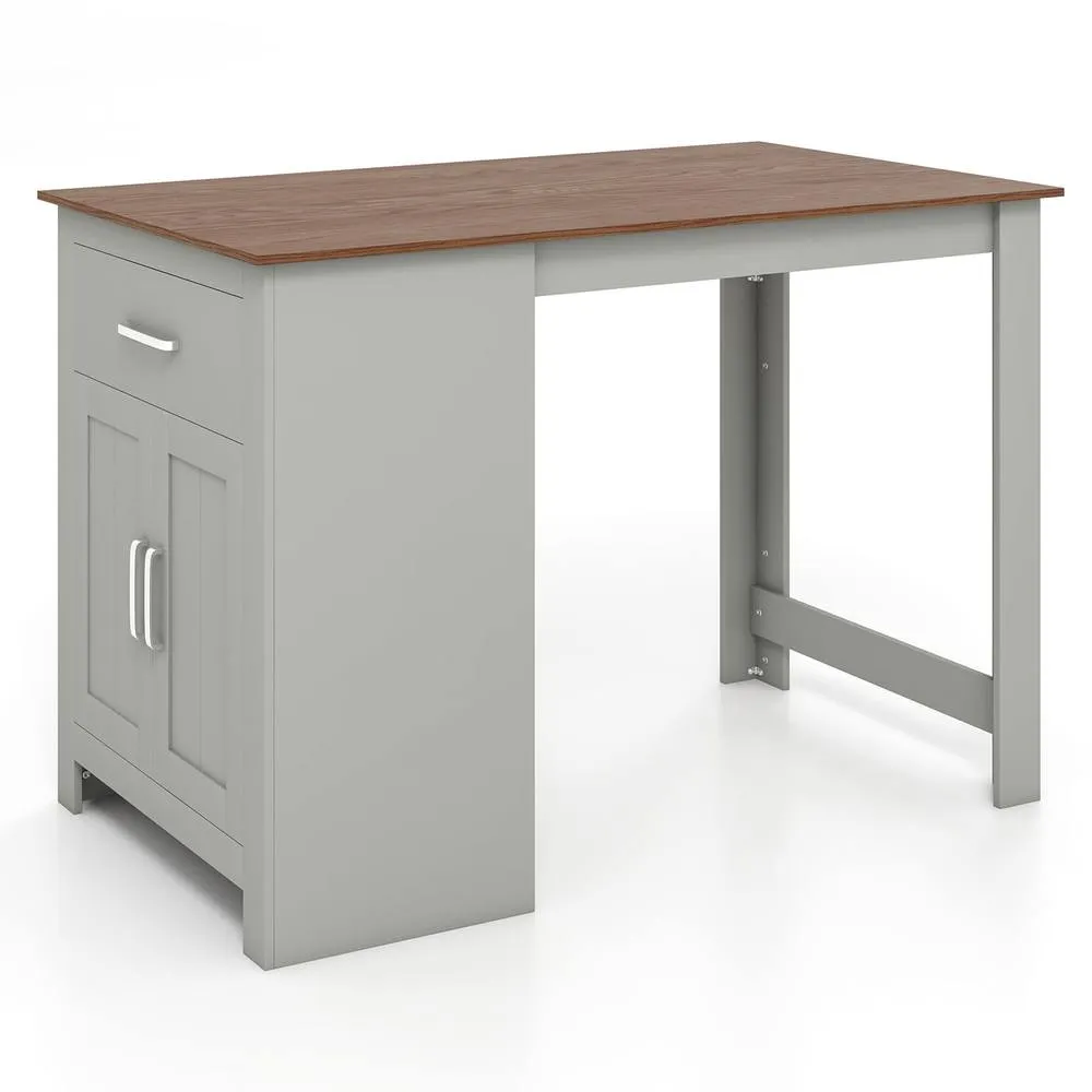 Costway Counter Height Table Rectangular Pub Dining Table w/ 1 Drawer & Doors in Grey