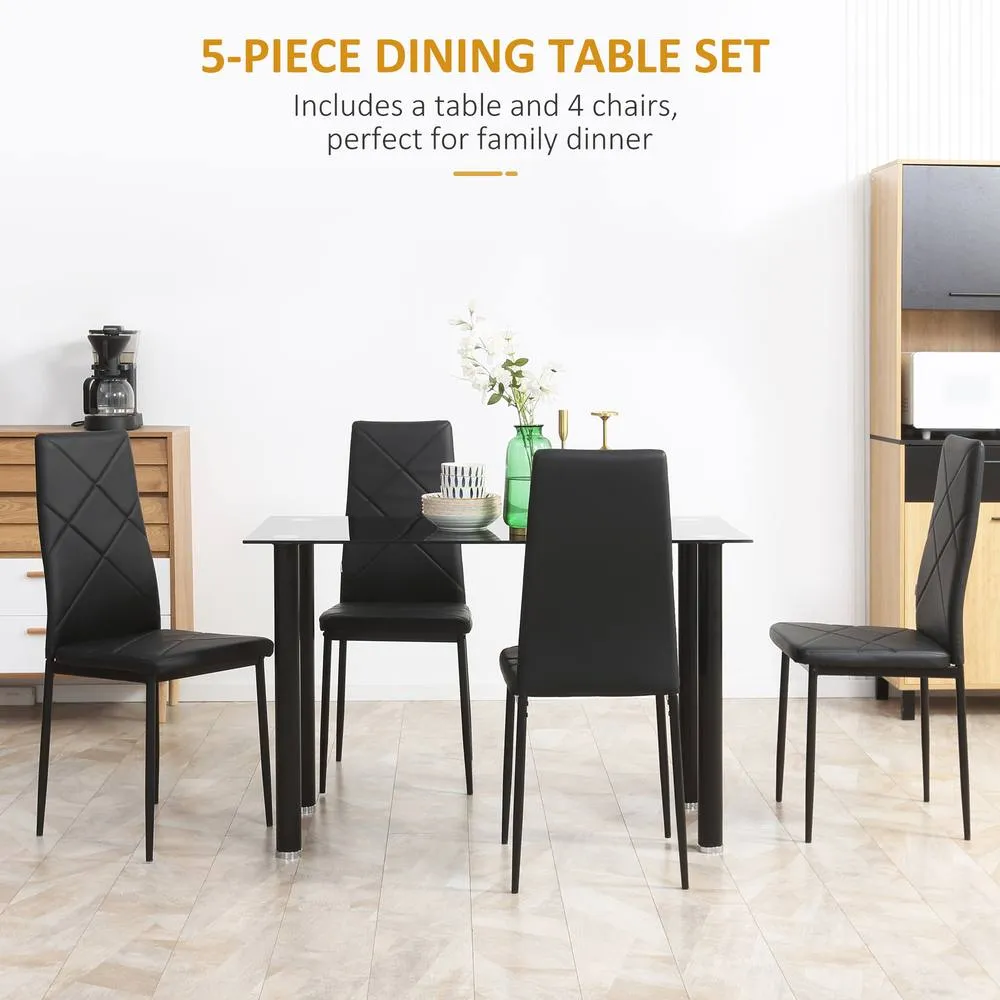 HOMCOM Dining Table & Chairs Set 4 with Padded Seat & Tempered Glass in Black 4